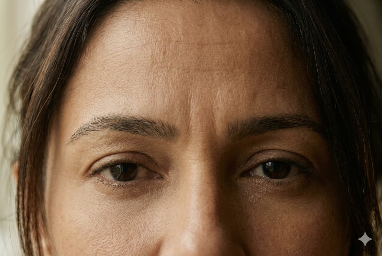 Close-up dos olhos e da testa de uma mulher em momento contemplativo